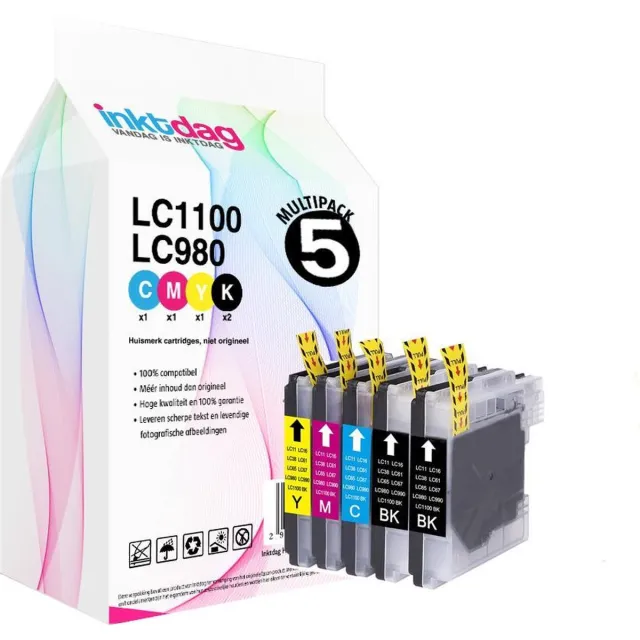 inktdag inktcartridges voor Brother LC1100 /LC980 inktcartridges/LC985 inktcartridges multipack van 5 stuks (2*zwart, 1*CMY) geschikt voor printers Brother DCP-185 C , DCP-385 C , DCP-395 CN , DCP535 CN , DCP585 CW, DCP-6690 CW, DCP-J615 2xZwart/1xCyaan /1xMagenta /1xGeel
