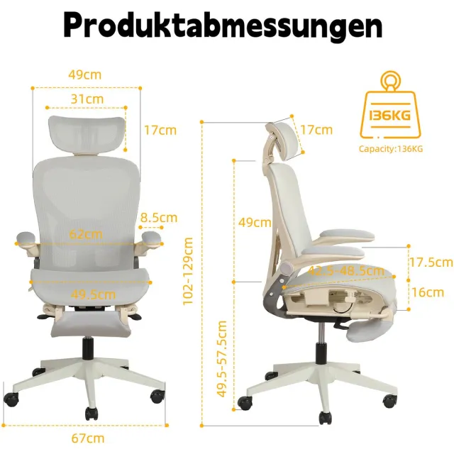 FloraGrace Bureaustoel 62 x 48,5 x 129 cm - Ergonomisch Klapbaar Met Hoofdsteun Lendensteun En Armleuningen - Mesh - Grijs