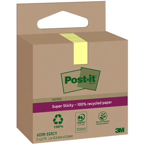 Post-It Memoblok 3M Post-it 622 RSS3CY 47,6x47,6mm geel 3 stuks