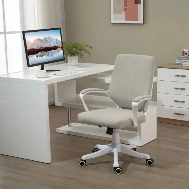 MEUNIQ ergonomische bureaustoel met lendensteun, verstelbare zithoogte 44-52 cm, draaibaar met wielen en schommelfunctie, 62 x 69 x 92-100 cm, beige
