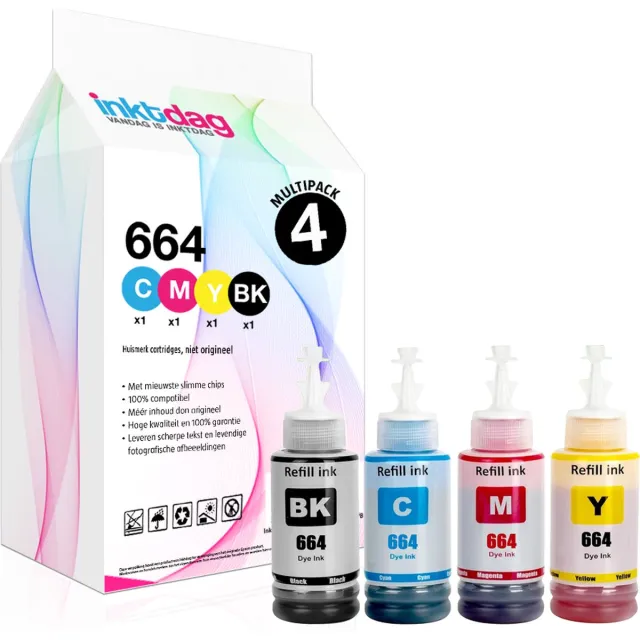 inktdag 4 stuks T664 inktvervanger voor Epson EcoTank ET-2600 ET-2650 ET-2500 ET-2550 ET-4500 ET-14000 L100 L110 L1300 L200 L210 L350 L355 L365, T6641 T6642 T6643 T6644 Inktflessen, 100 ml per stuk Multipack 4x100 ml