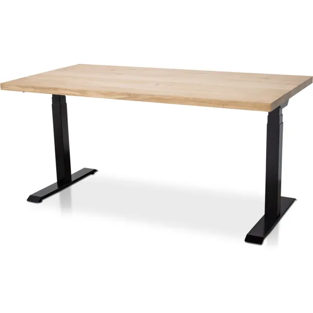 Multi Ratio Zit-sta bureau met massief eiken blad 140 x 80 cm - MRC PRO NEN-EN 527 - elektrisch verstelbaar - frame zwart - 130 cm hoog - 150KG draagvermogen