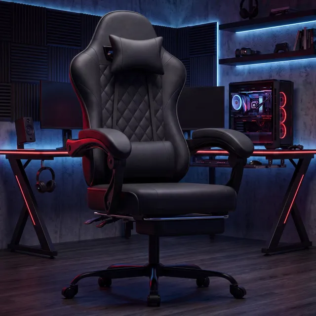 Wishdor Gamingstoel - Verstelbare hoofdsteun en lendensteun - Kantelbare rugleuning met gekoppelde armleuningen - Uitschuifbare voetsteun en wielen - Voor gamen en kantoor - Zwart - 58,5 x 63 x 120,5 cm