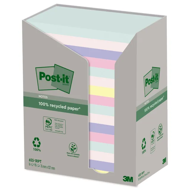 Post-it recycled notes Nature, 100 vel, ft 76 x 127 mm, pak van 16 blokken, geassorteerde kleuren blauw