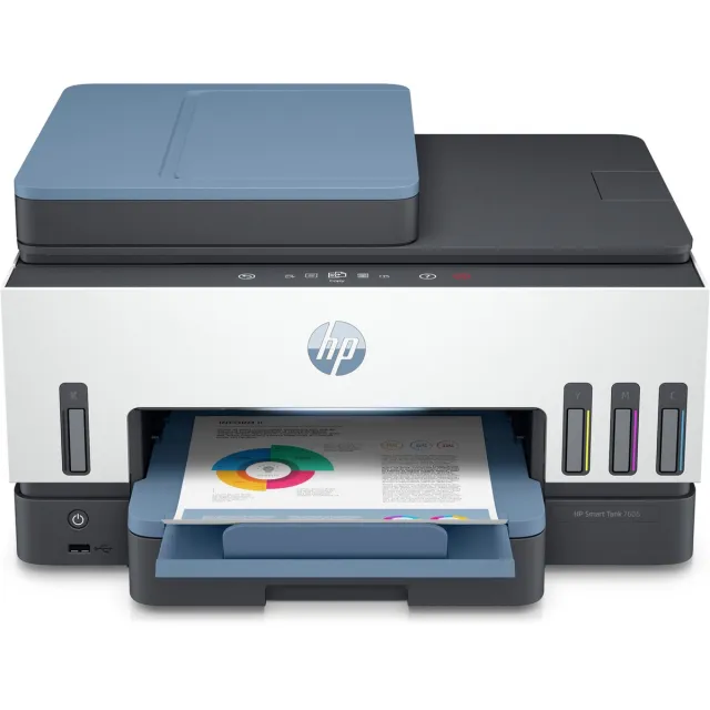 Hp Smart Tank 7606 All-in-One, Printen, kopiëren, scannen, faxen, ADF en draadloos, Invoer voor 35 vel; Scans naar pdf; Dubbelzijdig printen Zwart;Blauw;Wit
