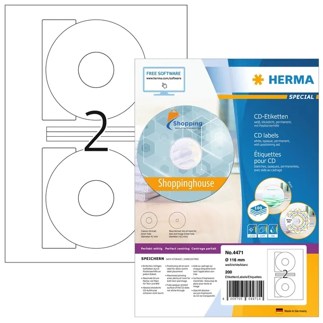 Herma Etiket HERMA 4471 CD 116mm wit opaqua 200 stuks