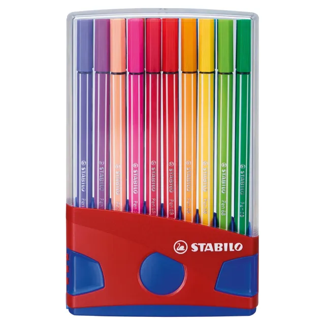 Stabilo Pen 68 brush, ColorParade, rood-blauwe doos, 20 stuks in geassorteerde kleuren