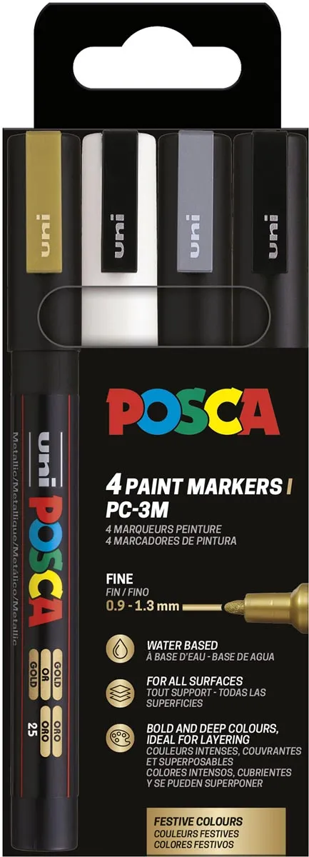 Posca Uni POSCA paintmarker PC-3M, 1,5 mm, etui van 4 stuks in goud, wit, zilver en zwart