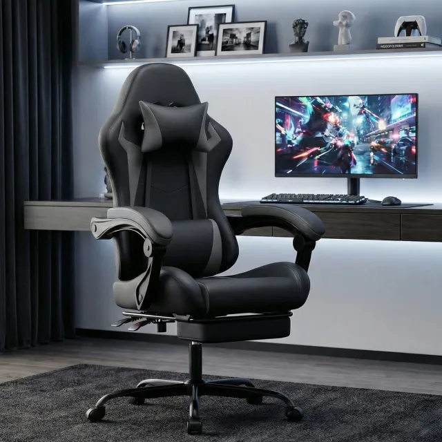 MIVRAY Gamingstoel 66 x 78 x 127 cm - Ergonomisch Met Hoofdsteun, Lendenkussen En Voetsteun - Voor Gamen En Kantoor - Kunstleer Zwart Grijs