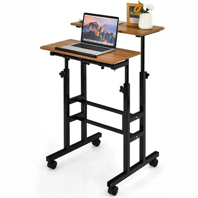 LUXGOODS® c90 - Beweegbaar staande bureau, in hoogte verstelbaar zit/sta bureau, 2-laags thuiskantoor computer werkstation op wielen, versterkt staal frame, rollende laptop bureau voor het staan en zitten (Walnoot) ‎Walnoot