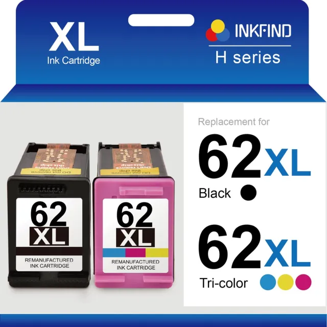 INKFIND 62XL Geschikt voor HP62 HP62XL HP 62 HP 62XL C2P05AE C2P07AE Inktcartridge - Hoge Capaciteit 2-pack (Zwart x 1 en Kleur x 1)