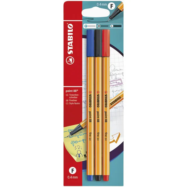 Stabilo Fineliner STABILO point 88/3 fijn assorti blister à 3 stuks