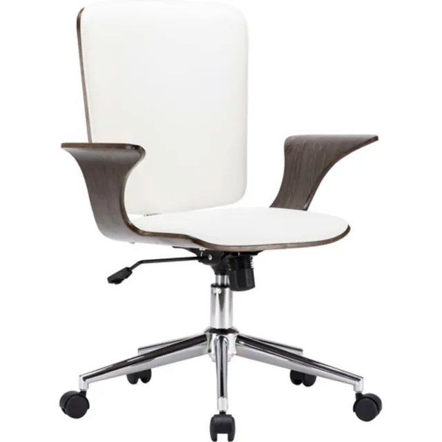vidaXL Kantoorstoel - draaibaar - kunstleer - en - gebogen - hout - wit witte bekleding en grijs frame