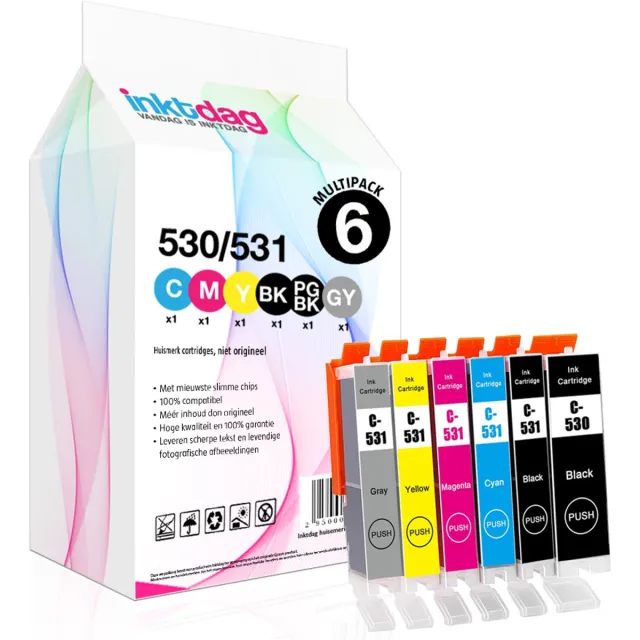 inktdag Canon 530 531, Compatibel met Canon PGI-530 CLI-531 inktcartridges, voor Canon Pixma TS8750 TS8751, PGI530 CLI531 (6-pack). 1 x PGBK PGI530 XL