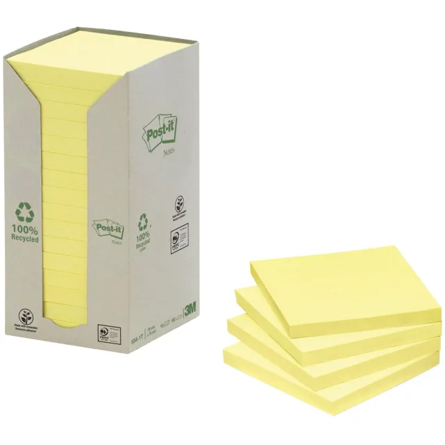 Post-it Recycled notes, 100 vel, ft 76 x 76 mm, geel, pak van 16 blokken