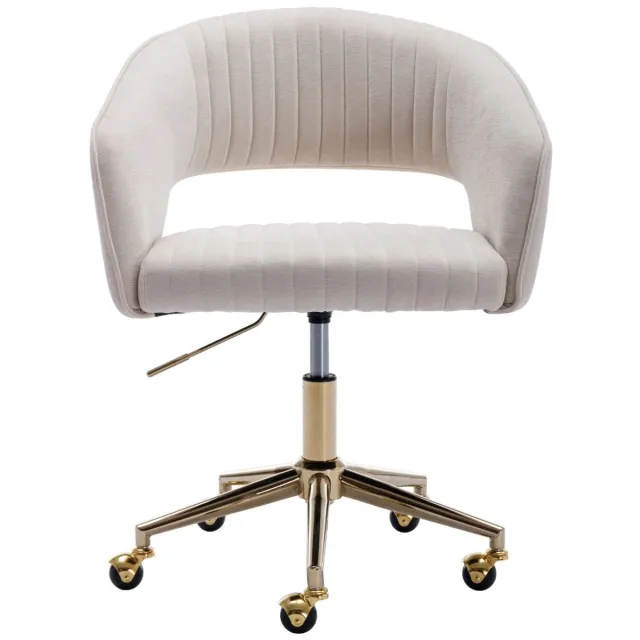 chairus Bureaustoel - Beige - Chenille - Gewatteerde zitting -Met Armleuningen en Rugleuning - Draaibaar en in Hoogte Verstelbaar - Met Wielen - Met Metalen Onderstel - Voor Slaapkamer en Studeerkame