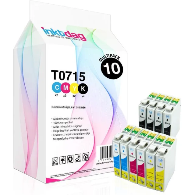inktdag inktcartridges voor Epson T0715, multipack van 10 stuks (4*T0711, 2* T0712 ,2*T0713, 2*T0714) voor Epson Stylus D120, S20, S21, SX100, SX105, SX110, SX115, SX200, SX205, SX210, SX215, SX218, SX400, SX405, SX410, SX415, SX510W, SX600FW, SX610 4 x Zwart