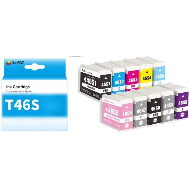 INKFIND T46S inktcartridge 10 Pack (PK+C+VM+Y+LC+VLM+GY+MK+LGY+DV) compatibel met Epson T46S1/T46S2/T46S3/T46S4/T46S5/T46S6/T46S7/T46S8/T46S9/T46SD) voor Epson Surecolor SC-P700 -10-pack 2 zwart + 8 kleuren Zwart x 2, Kleur x 8