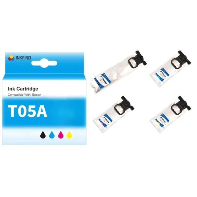 INKFIND T05A Inktcartridge compatibel met Epson T05A (T05ABK/T05AC/T05AM/T05AY) C13T05A100 C13T05A200 C13T05A300 C13T05A400 Extra Hoge Capaciteit - 4-pack Zwart*1 en Kleur*3 geschikt voor Epson WorkForce Pro WF-C878RDTWFC / WF-C879RDTWFC Zwart, Cyan, Magenta, Geel