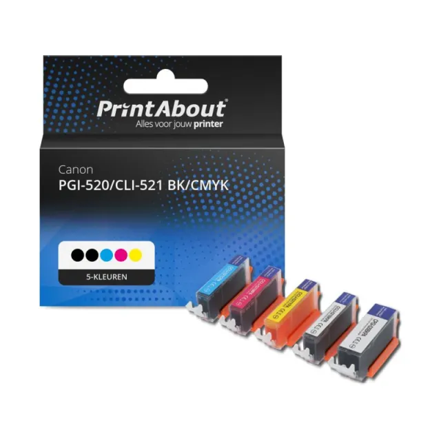 PrintAbout huismerk Inktcartridge PGI-520/CLI-521 BK/CMYK 5-kleuren Multipack Geschikt voor Canon