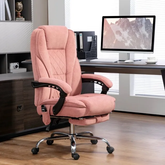 REDOM Bureaustoel - Vibratiemassage en warmte - Verstelbare rugleuning tot 135° met voetsteun - Draaibaar met wielen - Polyester stof - Roze - 67 x 72 x 111-119 cm