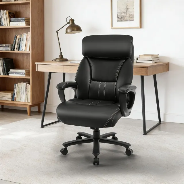 DESMIU Bureaustoel 67,5 x 77,5 x 127 cm - Ergonomisch Met Verstelbare Hoofdsteun En Lendensteun - Voor Kantoor En Werkkamer - Kunstleer Zwart Black