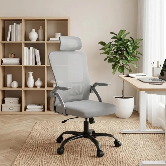 NAIZY Bureaustoel - Ergonomisch - Met Wipfunctie & Verstelbare Hoofdsteun - Netten Rug - Draagvermogen 120 kg - Draaistoel voor Kantoor & Thuiswerken - Grijs - NAIZY