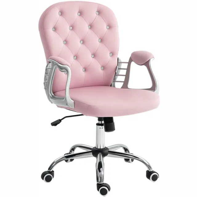 Roossentials bureaustoel - Fluwelen bureaustoel - Draaistoel - Stoel - In hoogte verstelbare armleuningen - Diamantdecoraties - Roze