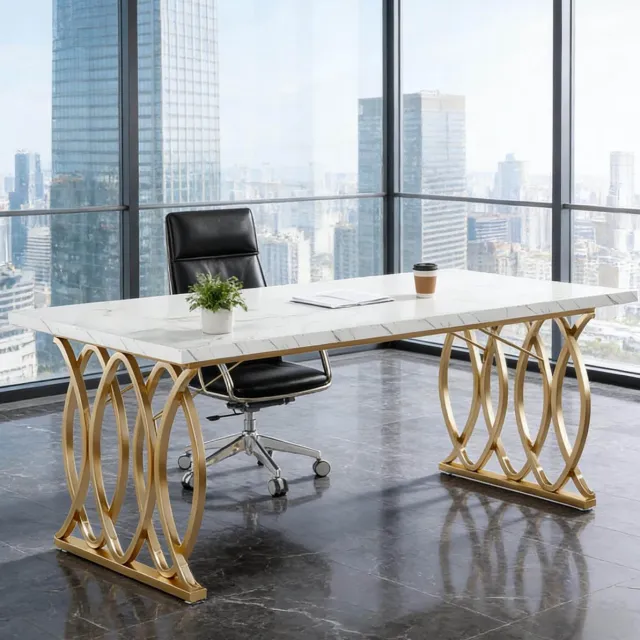HAUSS SPOLE Bureau - Ruim Werkblad Voor Kantoor En Vergaderruimte - Marmerlook Blad Met Metalen Frame - Wit Goud - 160x80x75 Cm Gold