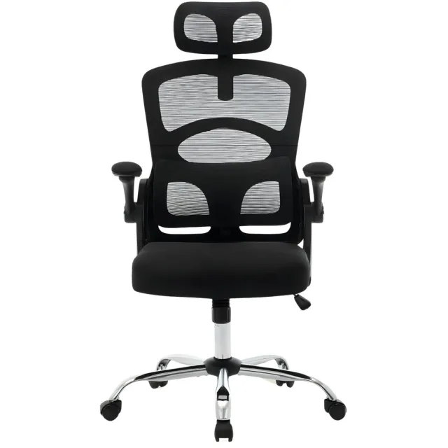 Happiq Bureaustoel - Ergonomische Mesh Stoel met Hoge Rug, Hoofdsteun, Lendensteun en 360° Draaifunctie - Metaal en Mesh - Zwart Black