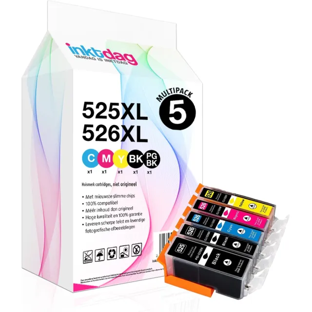 inktdag compatible inkt cartridges voor Canon PGI-525XL / CLI-526XL | Multipack van 5 stuk voor Pixma IP4800, IP4850, IP4950, IX6550, MG5150, MG5200, MG5250, MG5300, MG5320, MG5350, MG6150, MG6250, MG8150, MG8250, MG715, MX715, MX884, MX885, MX895 1 x Zwart