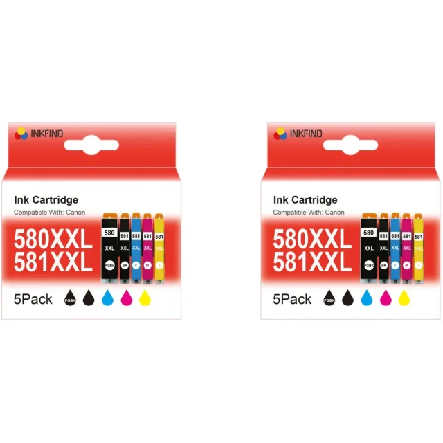 INKFIND 580XXL 581XXL inktcartridge voor Canon 580XXL 581XXL PGI-580XXL CLI-581XXL PGI580XL CLI581XL inktcartridge multipack 10 stuks (2*5pack = foto Zwart x 2, Zwart x 2, Cyaan x 2, Magenta x 2, Geel x 2)