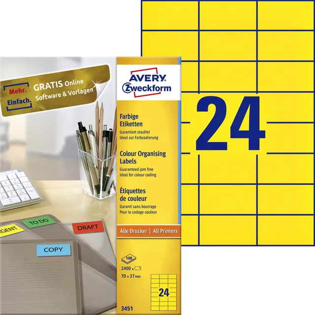 Avery Zweckform Etiket Avery 3451 70x37mm geel 2400 stuks