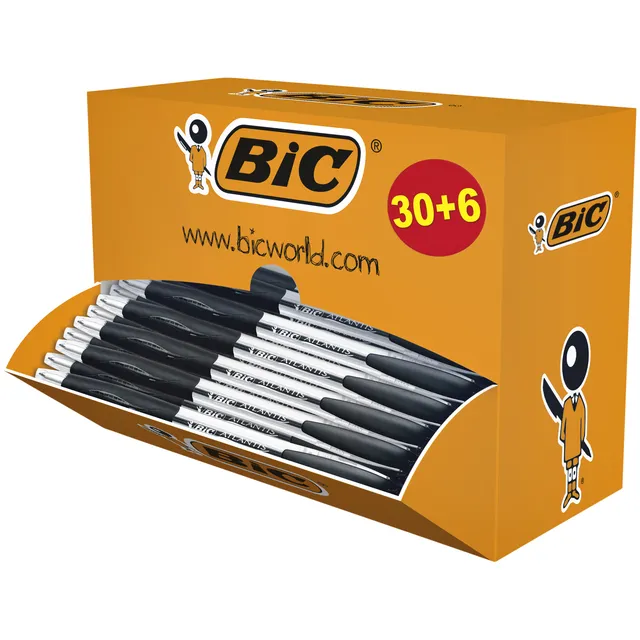Bic Balpen Bic Atlantis classic grip clic M zwart valuepack 30+6 gratis