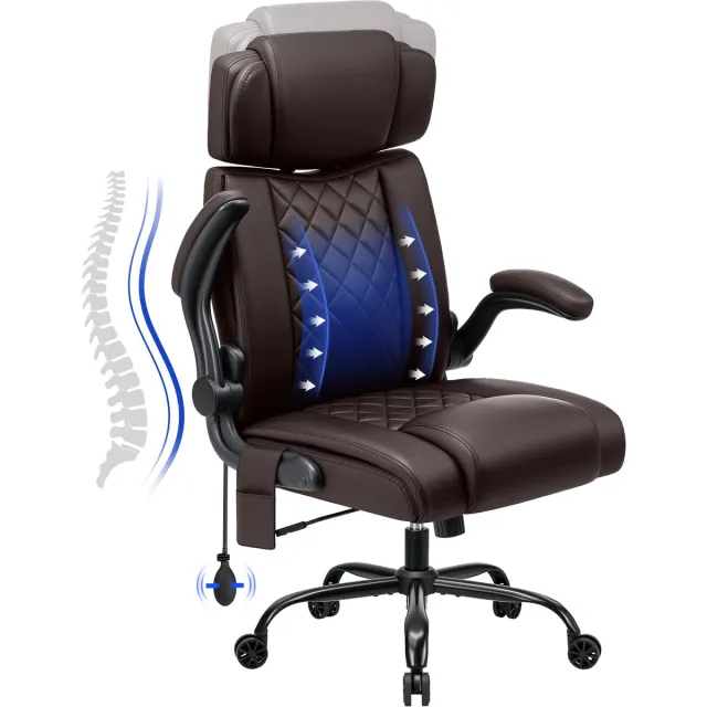 Hoffree Ergonomische Bureaustoel tot 200 kg – Chefsessel met Hoge Rugleuning, Verstelbare Hoofdsteun, Inklapbare Armleuningen, Kunstleer Computerstoel – Bruin