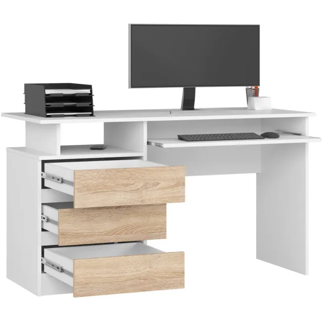 Akord Bureau CLP 135 cm met 3 Laden / Computerbureau / Computer Tafel / Bureautafel / Wit - Sonoma Eik / 135 x 77 x 60 cm