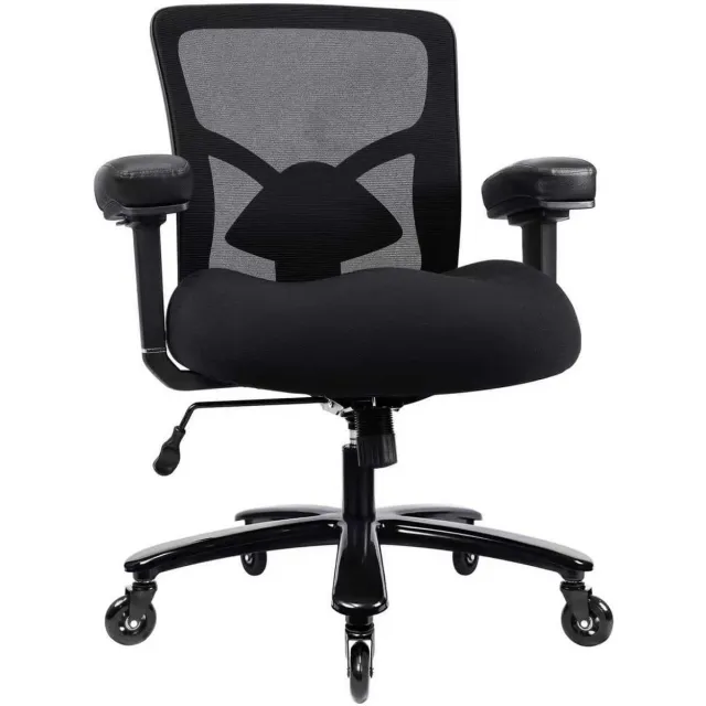 whiqutey Grote & Stevige Kantoostoel tot 227 kg – Ergonomische Netstof Bureau Stoel Met Brede Zitting, Verstelbare Lendensteun, Metalen Onderstel, Rubber Wieltjes En 4D Armleuningen zwart