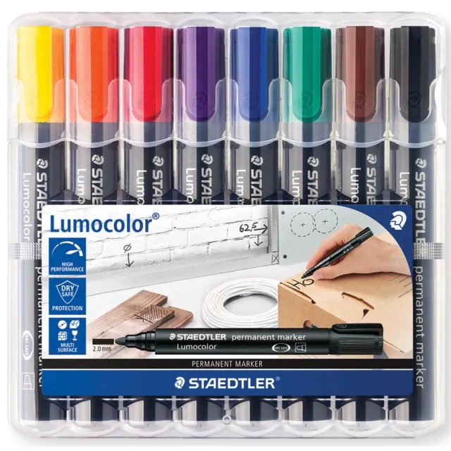 Staedtler Lumocolor 352, permanent marker, ronde punt, 2 mm, etui van 8 stuks in geassorteerde kleuren blauw