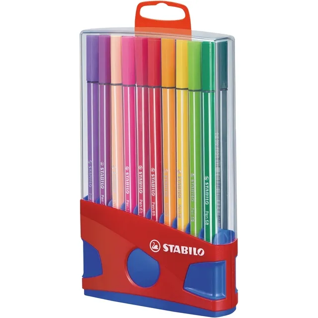 Stabilo Pen 68 brush, ColorParade, rood-blauwe doos, 20 stuks in geassorteerde kleuren