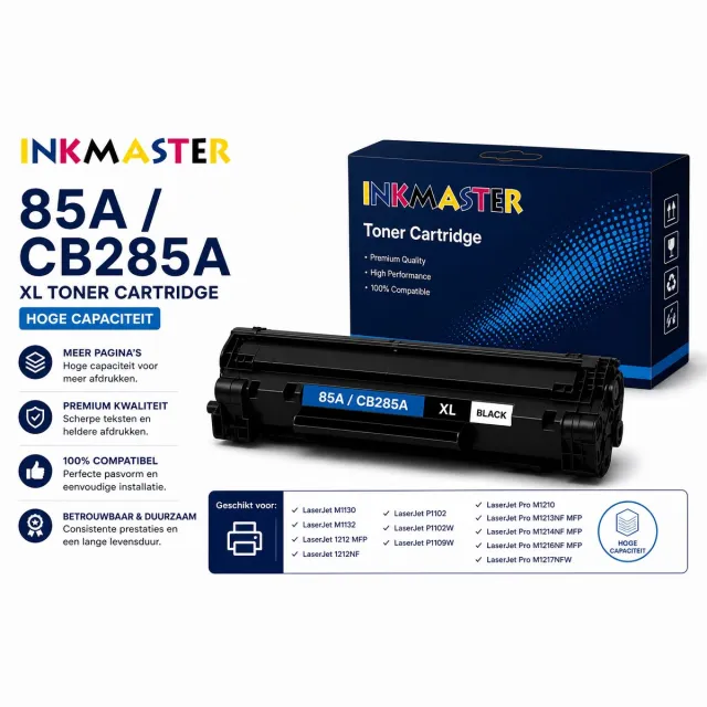 inkmaster premium XL Laser toner cartridge voor HP 85A - CE-285A | Geschikt voor Laserjet M1130, M1132, 1212 MFP, 1212NF, P1102, P1102W, P1109W Laserjet Pro M1210, M1213NF MFP, M1214NF MFP, M1216NF MFP, M1217NFW Zwart