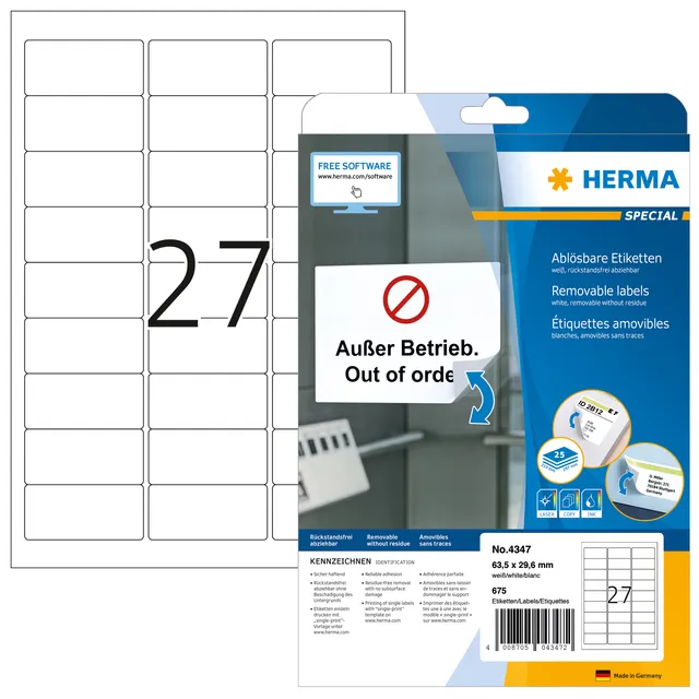 Herma Etiket HERMA 4347 63.5x29.6mm verwijderbaar wit 675 stuks