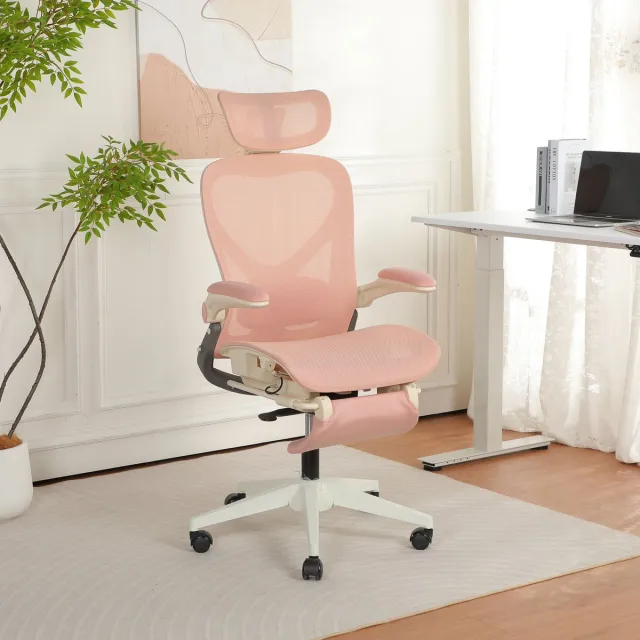 Vankel Opvouwbare ergonomische bureaustoel-3D verstelbare hoofdsteun-verstelbare lendensteun-ademende mesh bekleding-draaibare armleuningen-uittrekbare voetensteun-kantelfunctie-bureaustoel voor kantoor studie en gaming - roze