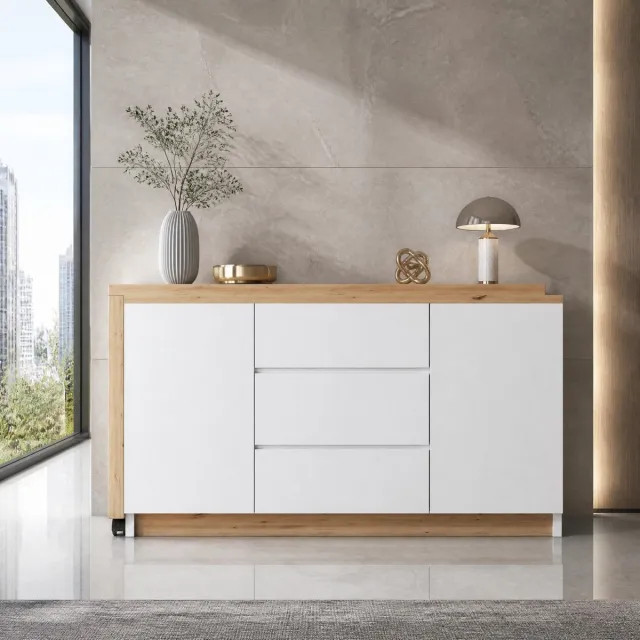 Wishdor Bureau - Draaibaar en opklapbaar - 3 lades en 2 deuren - Hoekbureau en sideboard - Modern ontwerp - Bewerkt hout - Wit en eiken - 120 x 50 x 76,5 cm