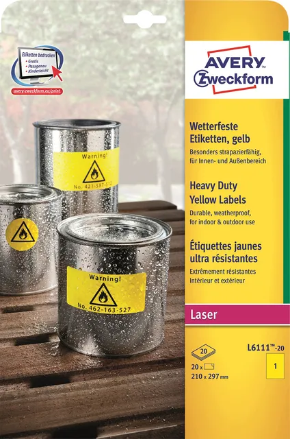 Avery Zweckform Etiket Avery L6111-20 210x297mm geel 20 stuks