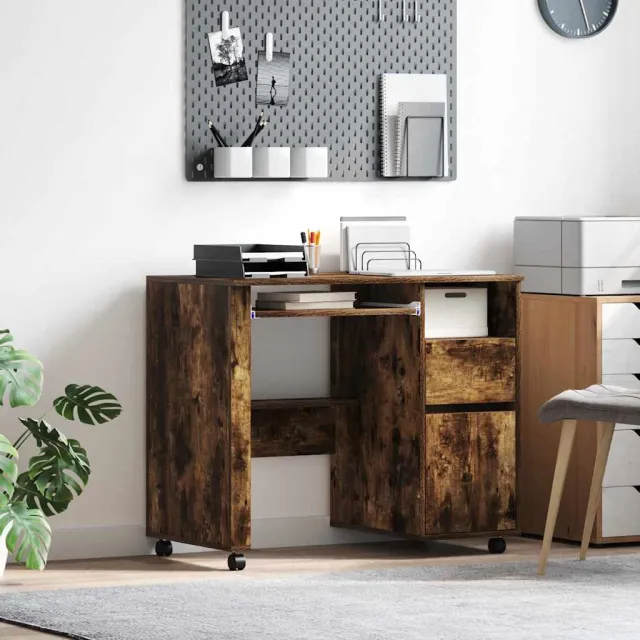 vidaXL Bureau met Wielen Gerookt eiken 91 x 50 x 77 cm Bewerkt hout, foto 2