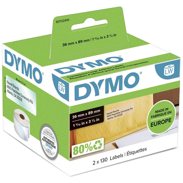 Dymo Etiket Dymo LabelWriter adressering 36x89mm 2 rollen á 130 stuks transparant