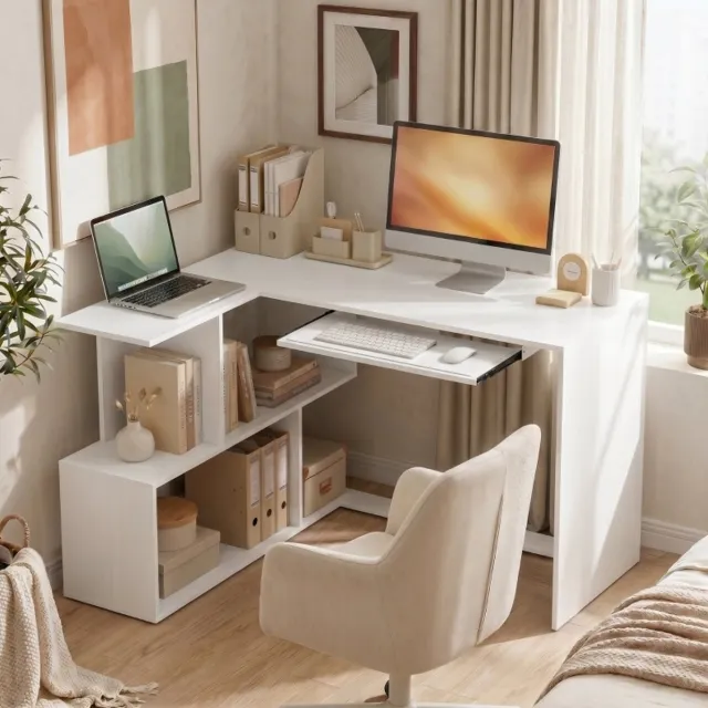 STILVORA Hoekbureau - L-Vormig Bureau Met Toetsenbordlade En Open Opbergrekken - Voor Thuis En Kantoor - Spaanplaat - Wit - 120 X 100 X 76 Cm