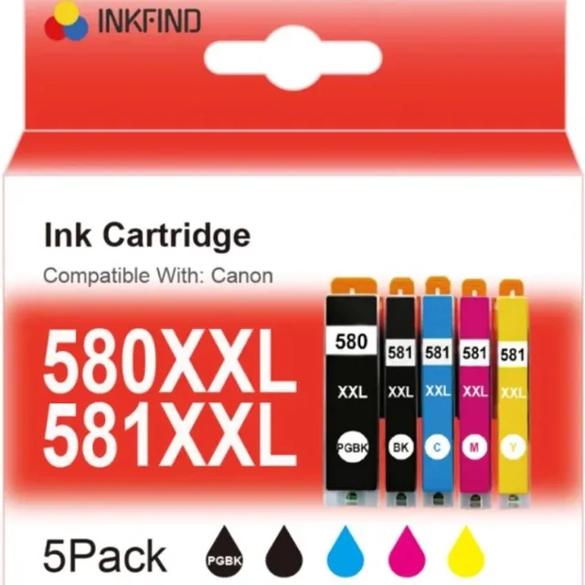 INKFIND 580XXL 581XXL voor Canon580 Canon581 PGI580 CLI581 inktcartridge 5 stuks (Zwart x 1, Foto Zwart x 1, Cyaan/Magenta/Geel x 1) voor Canon PIXMA TS705 TR7550 TR8550 TS6150 6151 TS6250 6251 TS6350 TS8150 TS8151 TS8152 TS8250 TS8251 TS8252 TS8350 Photo Zwart x 1, Zwart x 1, Cyaan x 1, Magenta x 1, Geel x 1