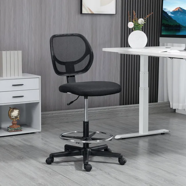 MEUNIQ bureaustoel hoogteverstelbaar 59 x 61 x 93-113 cm met mesh rugleuning, voetsteun, draaibare zitting en wielen, zonder armleuningen, zwart