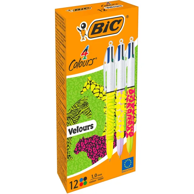 Bic Colours Velours 4-kleurenbalpen, medium, klassieke inktkleuren, doos van 12 stuks blauw